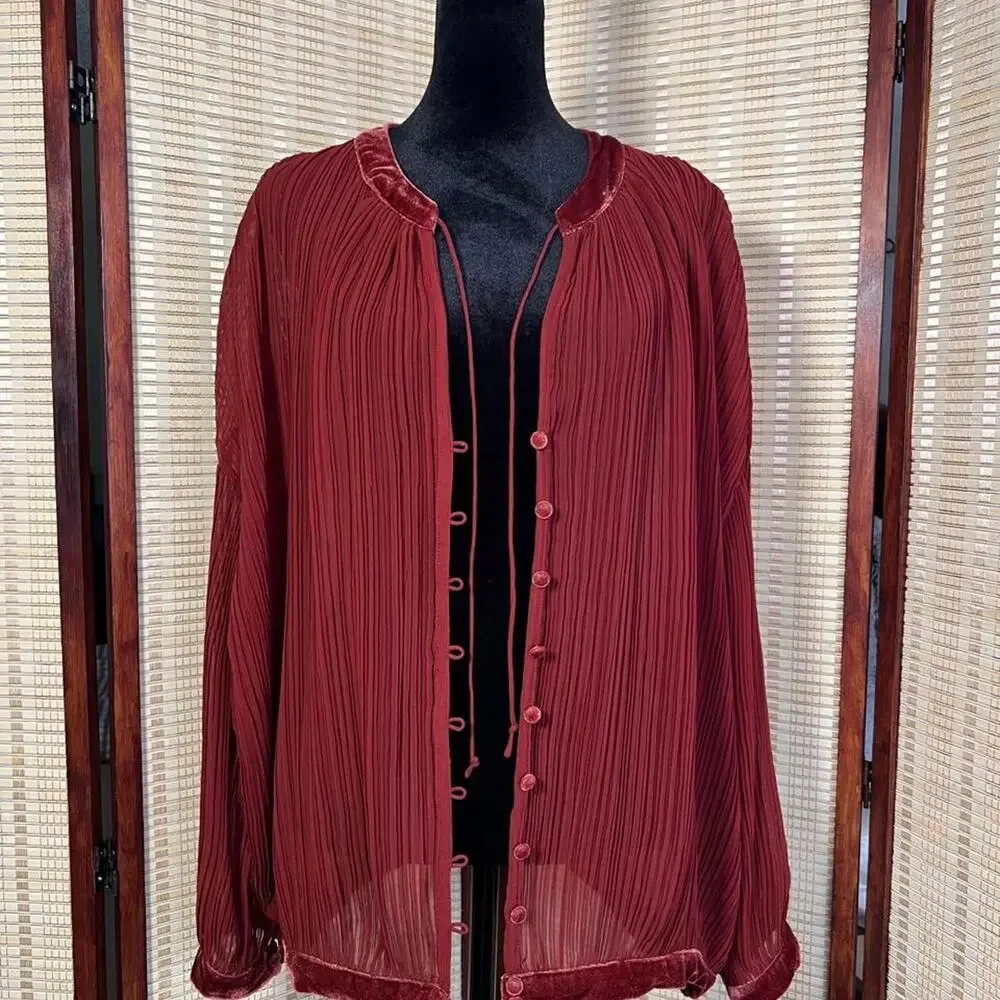 Free People Velvet Trim Pleated Blouse Top Brick Red Size L